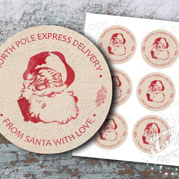 PRINTABLE Vintage Style Round Santa Claus Tag | North Pole Express Delivery - From Santa With Love | Santa Present Tag | Holiday Gift Tag