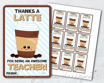 PRINTABLE Thanks a LATTE For Being An Awesome TEACHER! Coffee Tag | Instant Download | Frappé Iced Coffee Hanging Tag | Teacher Appreciation