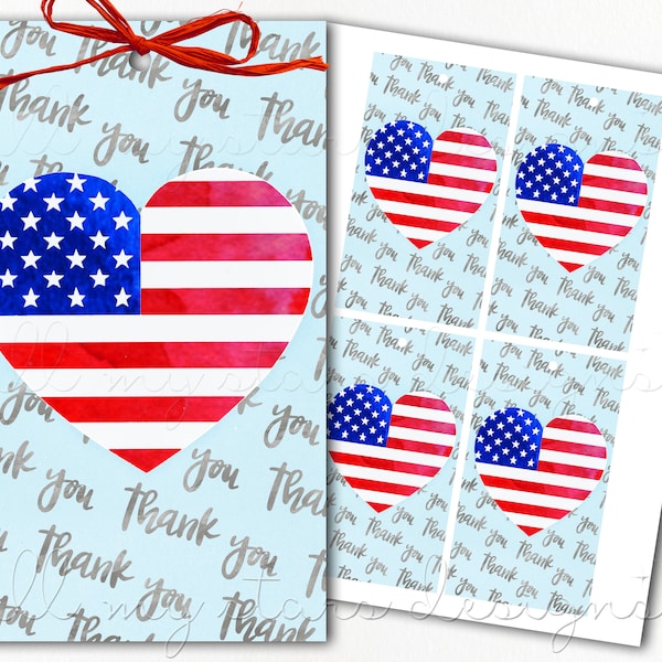 PRINTABLE Watercolor US Flag Heart Thank You Tag | Instant Download | Patriotic, Military Appreciation | Veteran's Day, Fourth of July