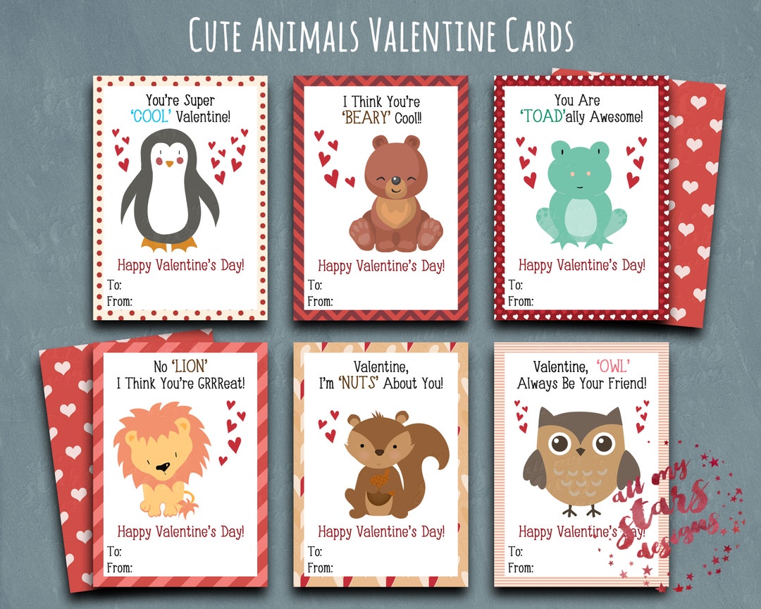 PRINTABLE Cute Animal Valentines  Set of 6 Kid's