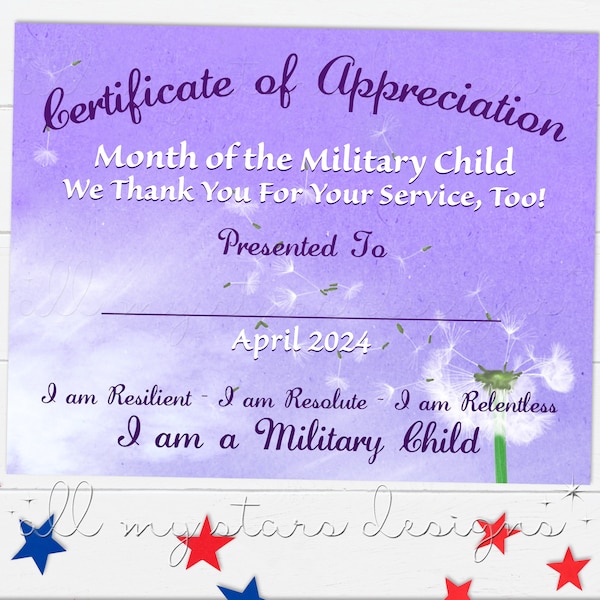 PRINTABLE Month of the Military Child 2024 Certificate of Appreciation Award | Instant Download | 8.5" x 11" PDF Fillable Field - Version 2