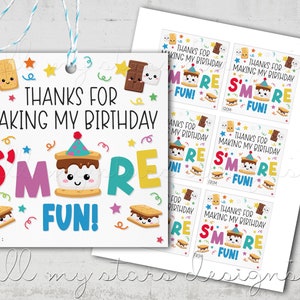 PRINTABLE Thanks For Making My Birthday S&#39;MORE Fun! Party Favor Tag | Instant Download | Cute Smores Marshmallow & Chocolate Party Treat Tag