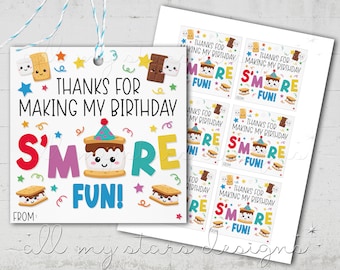 PRINTABLE Thanks For Making My Birthday S'MORE Fun! Party Favor Tag | Instant Download | Cute Smores Marshmallow & Chocolate Party Treat Tag