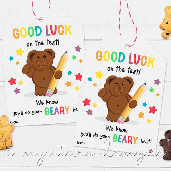 PRINTABLE Good Luck On The Test! We Know You'll Do Your BEARY Best! Tag | Instant Download | Teddy Shaped Graham Crackers | School Testing