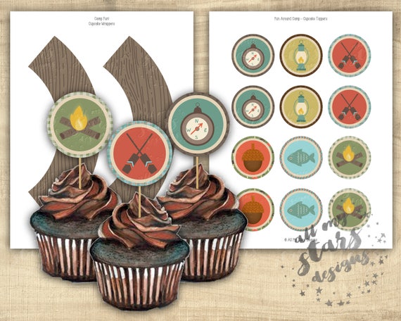 Camping Party Cupcake Toppers And Cupcake Wrappers Fun Etsy