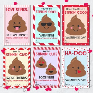 IMPRIMÍVEL Cute Poop Emoji Valentine Cards - Conjunto de 6 | Dia dos Namorados em sala de aula infantil | Download instantâneo | Coordenação do design traseiro incluído