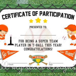 Printable T-ball Participation Certificate | Sports Award | INSTANT ...