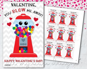 PRINTABLE Valentine, You BLOW Me Away! Bubble Gum Gift Tag | Instant Download | Chewing Gum Valentine Package Tie | Cute Gum Machine Tag