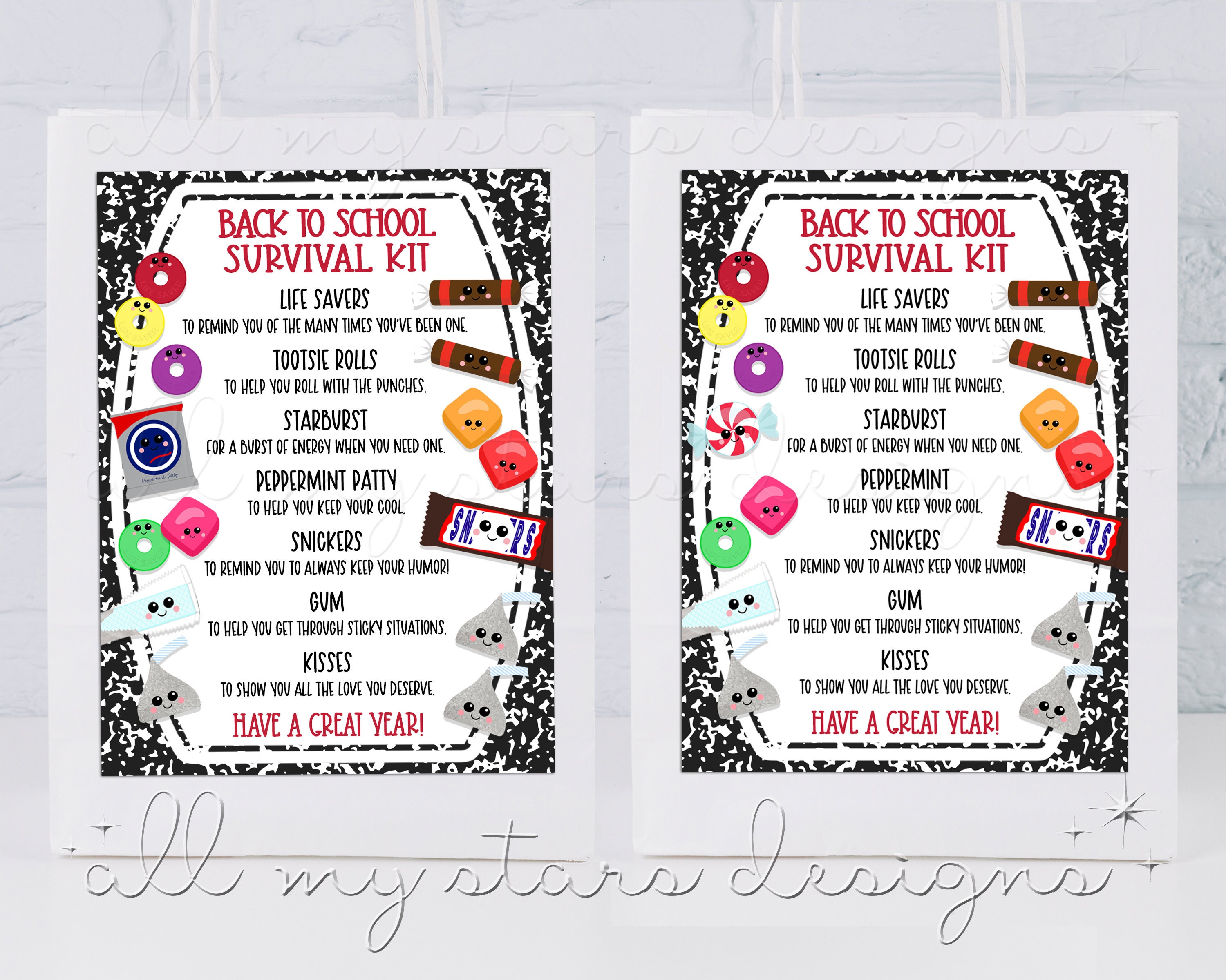 PRINTABLE Back To School Survival Kit Tag | Instant Download | First Day of School Staff/Teacher Composition Notebook Tag | Fun Candy Treats