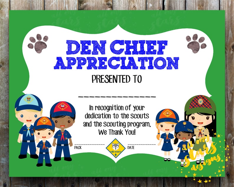 Cub Scout Den Chief Appreciation Award 8.5x11 | Etsy