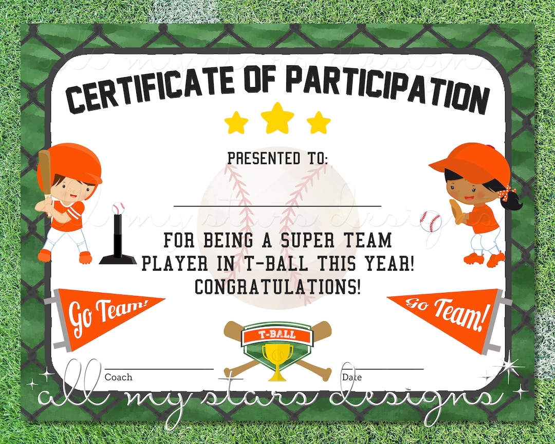 Printable T-ball Participation Certificate | Sports Award | INSTANT ...