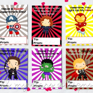 IMPRIMIBLE Inspirado en los Vengadores - Conjunto de 6 tarjetas de San Valentín de superhéroes para el aula para niños / Descarga instantánea / Capitán América - Iron Man - Hulk - Thor