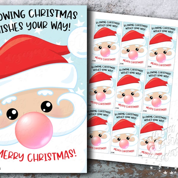 PRINTABLE Blowing Christmas Wishes Your Way! Bubble Gum Gift Tag | Instant Download | Chewing Gum Holiday Package Tie | Santa Blowing Bubble