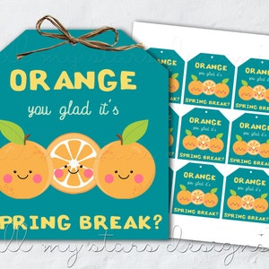 May include: Orange you glad it's spring break? Printable gift tags with a cute orange design. The tags are teal with yellow text and feature a smiling orange with a leaf.