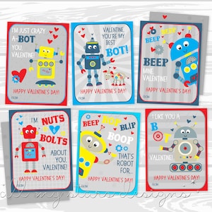 Tarjetas de San Valentín con robots para imprimir ~ Juego de 6 tarjetas de San Valentín / Descarga instantánea / Parte posterior a juego incluida / Tuercas y tornillos sobre ti