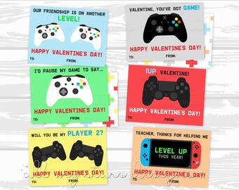 PRINTABLE GAMER Valentines ~ Set of 6 Kid&#39;s Classroom Valentine Cards | Instant Download | Coordinating Back Included