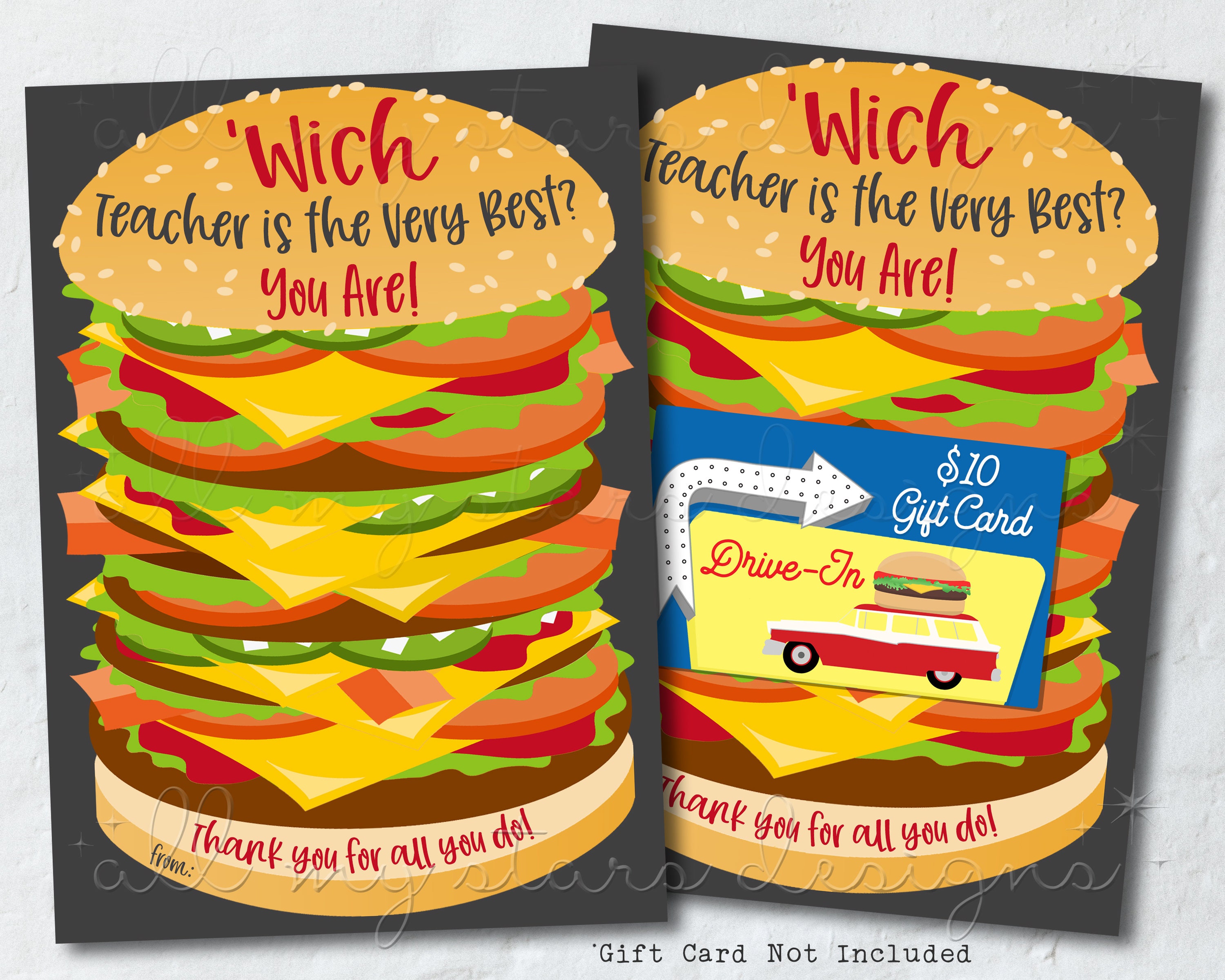 PRINTABLE 'Wich Teacher Is the Very Best? Thank You For All You Do! Restaurant Gift Card Holder Instant Download Teacher Appreciation