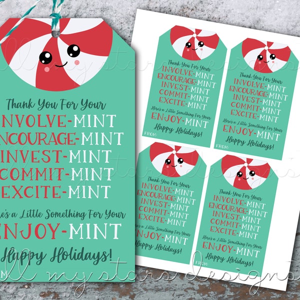 Printable Thank You For Your Involve-MINT Encourage-Mint Invest-MINT Commit-Mint Excite-MINT | Holiday Peppermint Tag  | Instant Download