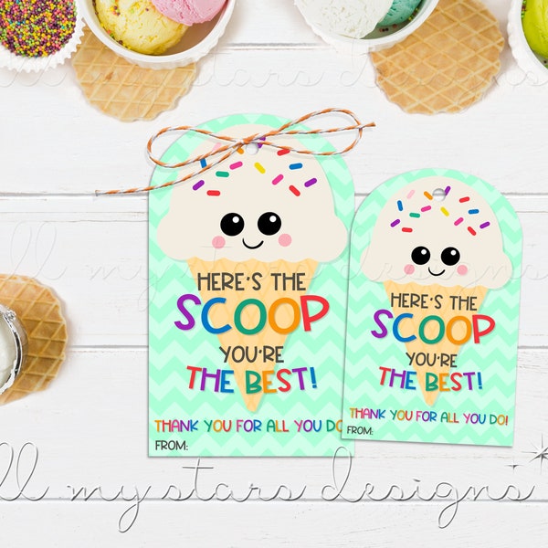 PRINTABLE Here's The SCOOP You're The BEST! Thank You For All You Do! Tag | Instant Download | Ice Cream With Sprinkles | Appreciation Tag