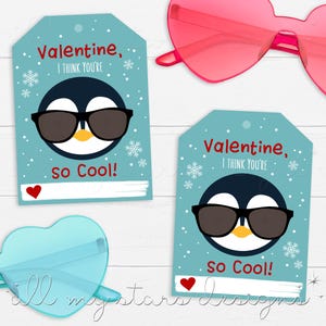 Etiqueta para gafas de sol para San Valentín, ¡creo que eres genial! para imprimir / Descarga instantánea / Tarjeta de San Valentín con un lindo pingüino / Sin dulces / San Valentín escolar