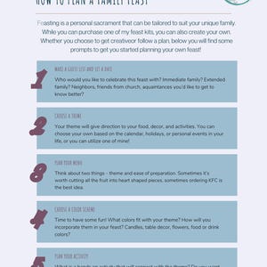 May include: A teal and white infographic titled "HOW TO PLAN A FAMILY FEAST". It provides steps for planning a feast, including making a guest list, choosing a theme, planning a menu, choosing a color scheme, and planning an activity.