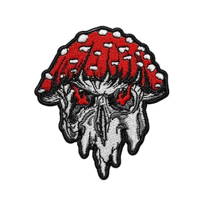 May include: Embroidered patch featuring a red mushroom cap with white spots and a skull design. The skull has red eyes and a dripping effect, with black and white detailing.