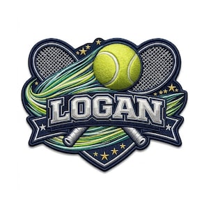 May include: Embroidered patch featuring a tennis ball and two crossed tennis rackets. The patch is navy blue with the name "LOGAN" in white block letters. Green and yellow accents and stars complete the design.