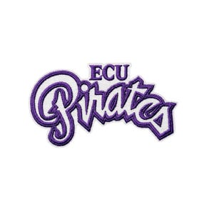 May include: A purple and white embroidered patch with the text "ECU Pirates". The patch has a white border and is designed for application on clothing or accessories. The text is in a stylized font.