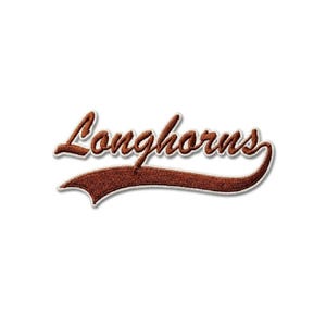 May include: A brown embroidered patch with the word "Longhorns" in a script font. The text is above a brown banner with a white border, set against a white background.