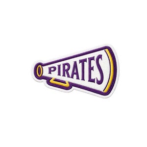 May include: A white patch in the shape of a megaphone with the word "PIRATES" in purple lettering. The megaphone has a purple border with yellow and white accents. The patch is likely for apparel or accessories.