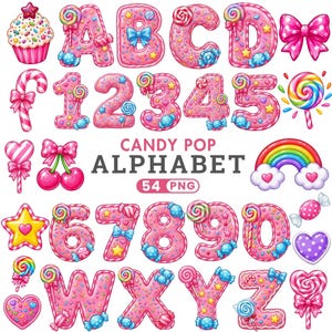 Könnte beinhalten: Ein digitales Grafikset mit dem Titel CANDY POP ALPHABET 54 PNG, das rosafarbene, donutartige Buchstaben und Zahlen zeigt, verziert mit bunten Streuseln, Lollis und blauen Schleifen. Enthält Illustrationen eines Cupcakes, Regenbogens und Süßigkeiten.