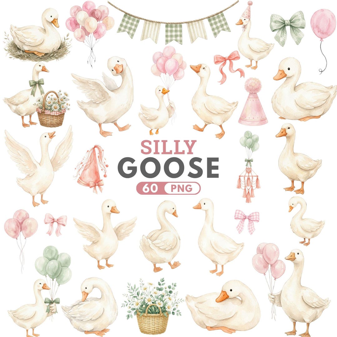 Silly Goose Clipart, Pink Watercolor Goose, Baby Shower Goose PNG ...
