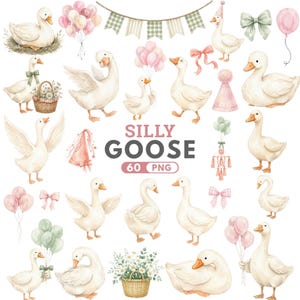 Może przedstawiać: Akwarelowe ilustracje białych gęsi z różowymi i zielonymi balonami, kokardkami i czapkami imprezowymi. Wyświetlany jest tekst "SILLY GOOSE 60 PNG". Obrazy są w kapryśnym, kreskówkowym stylu.