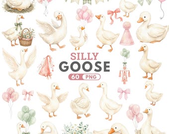 Silly Goose Clipart, Pink Watercolor Goose, Baby Shower Goose PNG, Coquette Nursery, Cottagecore Goose, Goose Balloon PNG, Commercial Use