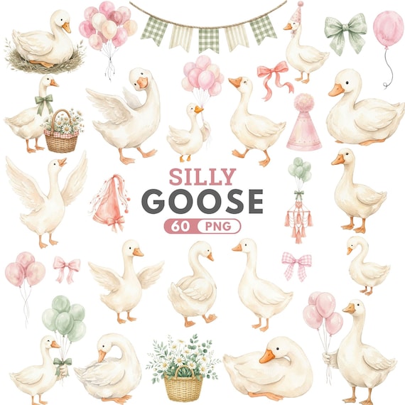 Silly Goose Clipart, Pink Watercolor Goose, Baby Shower Goose PNG, Coquette Nursery, Cottagecore Goose, Goose Balloon PNG, Commercial Use
