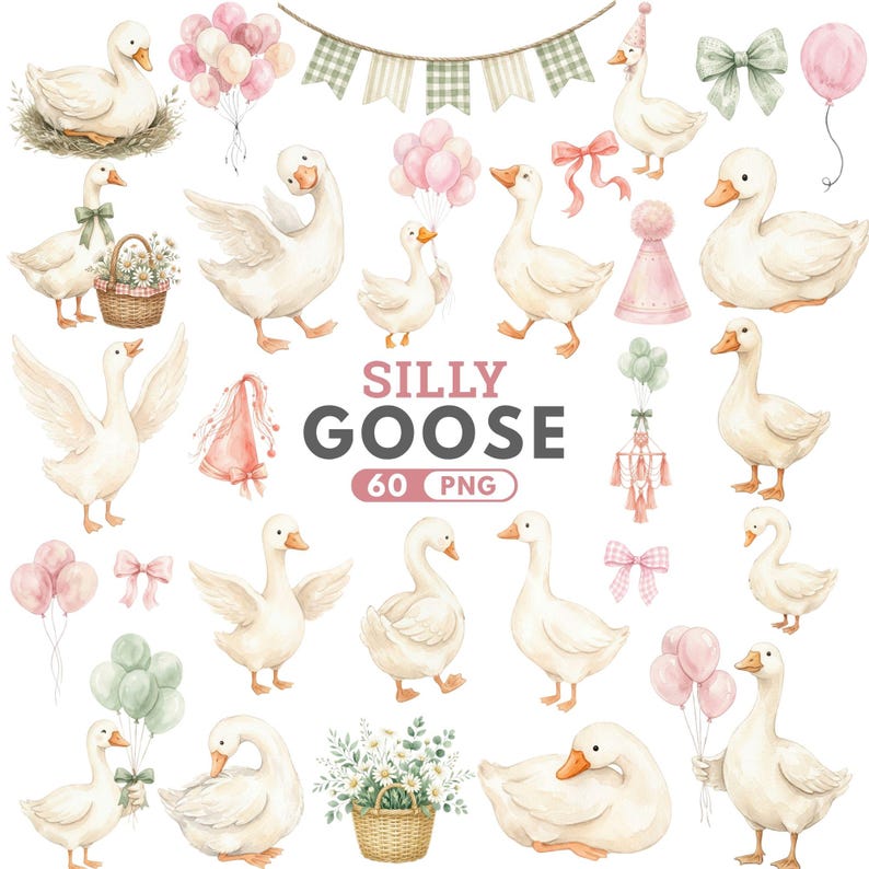 Pink watercolor silly goose clipart holding a balloon, soft pastel farm animal illustration for baby shower and nursery design
