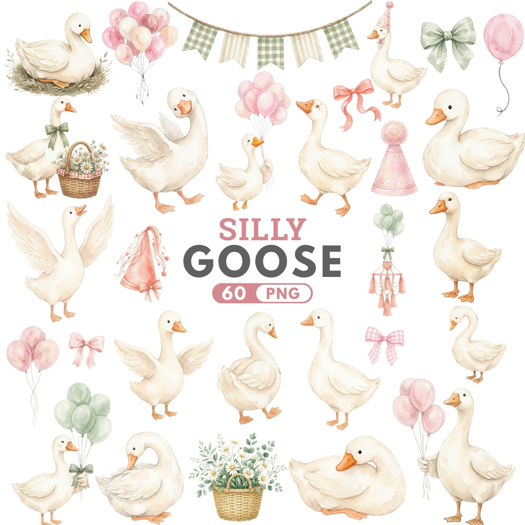 Silly Goose Clipart, Pink Watercolor Goose, Baby Shower Goose PNG ...