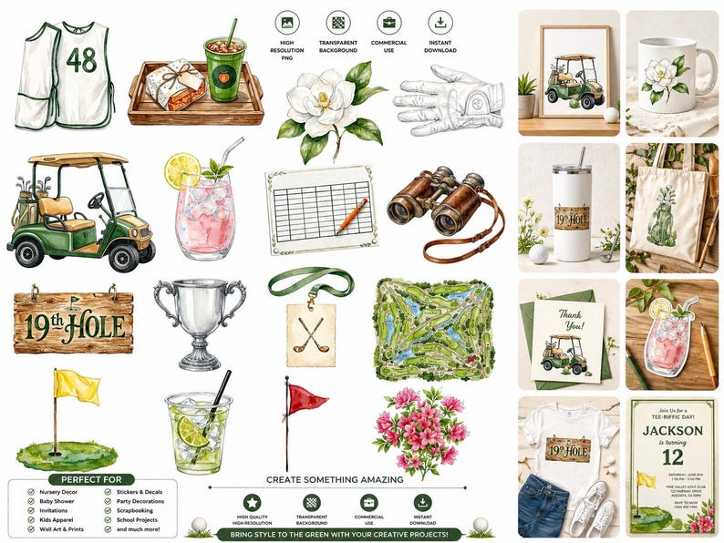 Watercolor Golf Clipart, Golf Ball Cart Club, Sports Clipart, Kids Golf, Baby Shower, Father's Day Gift, Digital Download, Commercial Use image 5