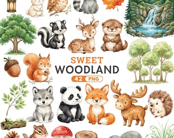 Cute Woodland Animal Clipart, Watercolor Forest Animals PNG, Nursery Baby Animals, Baby Shower Clipart, Nursery Decor, Commercial Use Art