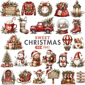 May include: A digital collection of 50 Christmas-themed illustrations including a red truck, Santa Claus, a snowman, a teddy bear, a penguin, a gnome, a reindeer, a sleigh, a decorated tree, gifts, a wreath, a lantern, and a mug with cocoa.