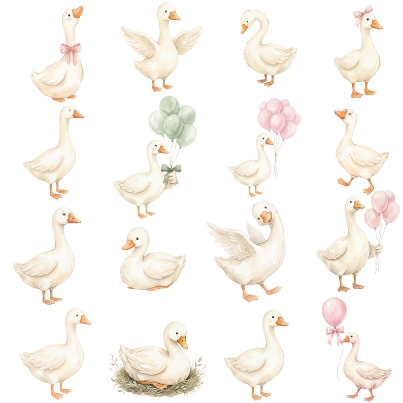 Cute baby goose PNG in watercolor style with pink tones, ideal for birthday party decorations and nursery wall art