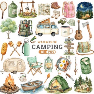Imágenes prediseñadas de camping en acuarela, imágenes prediseñadas de aventuras al aire libre, imágenes PNG de camping infantil, imágenes PNG de fogata en tienda de campaña, descarga digital de camping de verano, uso comercial.