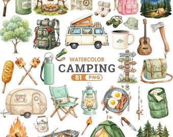 Watercolor Camping Clipart, Outdoor Adventure Clipart, Kids Camping PNG, Tent Campfire PNG, Summer Camping Digital Download, Commercial Use