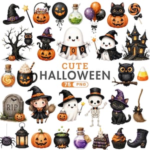 Può includere: Una collezione di illustrazioni digitali a tema Halloween che include un fantasma con uno striscione con la scritta BOO, una casa stregata, zucche, gatti neri, uno scheletro, una lapide con la scritta RIP e il testo CUTE HALLOWEEN 75 PNG.