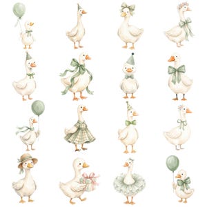 Hand painted watercolor goose illustration in sage green tones featuring a sweet whimsical character perfect for nursery decor and baby themed projects.