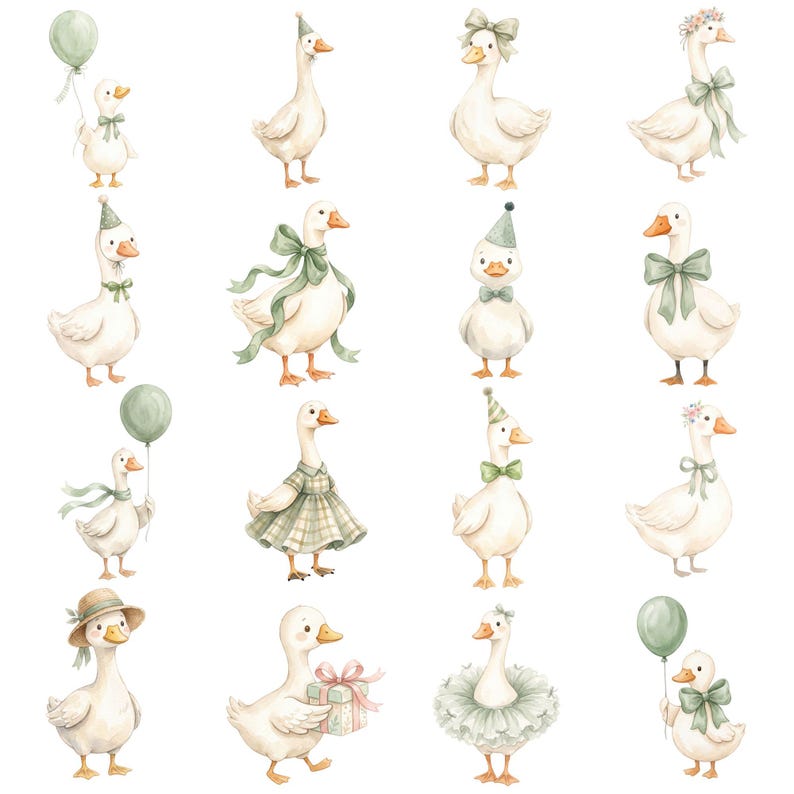 Hand painted watercolor goose illustration in sage green tones featuring a sweet whimsical character perfect for nursery decor and baby themed projects.