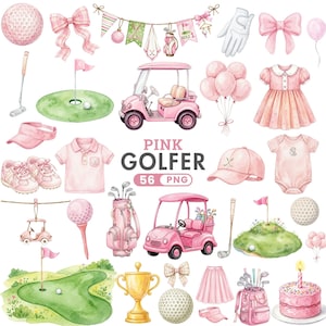 Può includere: Una collezione di illustrazioni ad acquerello con golf cart rosa, sacche da golf, mazze, palline, bandiere, un trofeo, una torta e capi di abbigliamento come un vestito, una polo e un berretto, con il testo PINK GOLFER 56 PNG al centro.