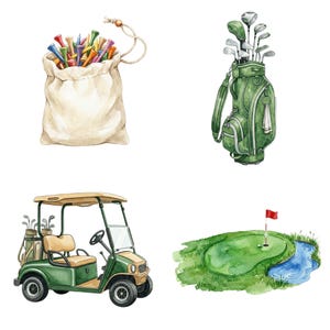 Golf baby shower clipart bundle with pastel watercolor golf items, sports theme decorations, and printable PNG elements for invitations.
