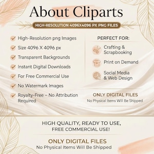 May include: A digital art graphic with the text "About Cliparts" and details about the product. The image highlights high-resolution PNG files, transparent backgrounds, and instant downloads. It is suitable for crafting, print on demand, and social media.