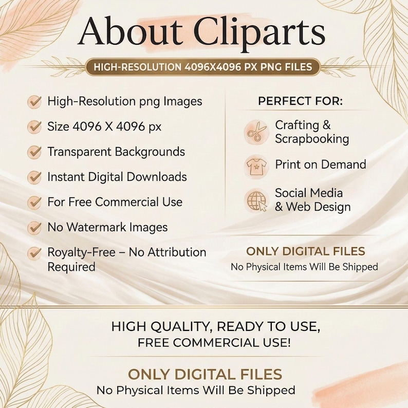 May include: A digital art graphic with the text "About Cliparts" and details about the product. The image highlights high-resolution PNG files, transparent backgrounds, and instant downloads. It is suitable for crafting, print on demand, and social media.